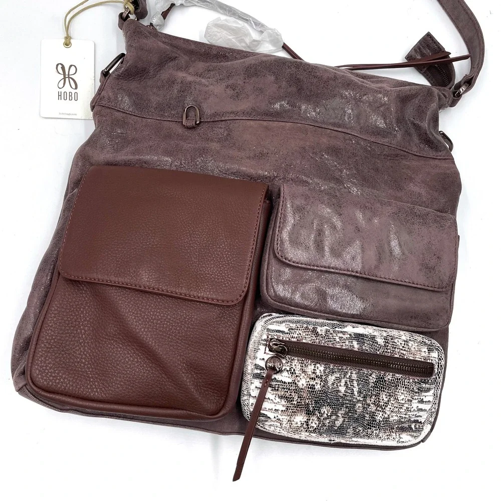 HOBO Explorer‎ Shoulder Bag Leather Crossbody Brown Snake Accents Pockets